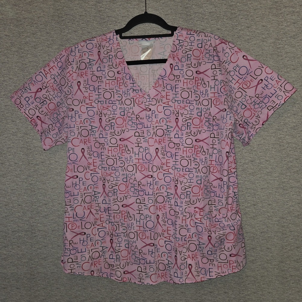 SB Scrubs Breast Cancer Awareness SZ LARGE Pink Ribbon Medical Scrub Top Nurses